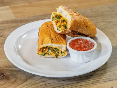P.T.S. Pizza Topping Sandwich on a hoagie roll with marinara at Durkin’s Pizza