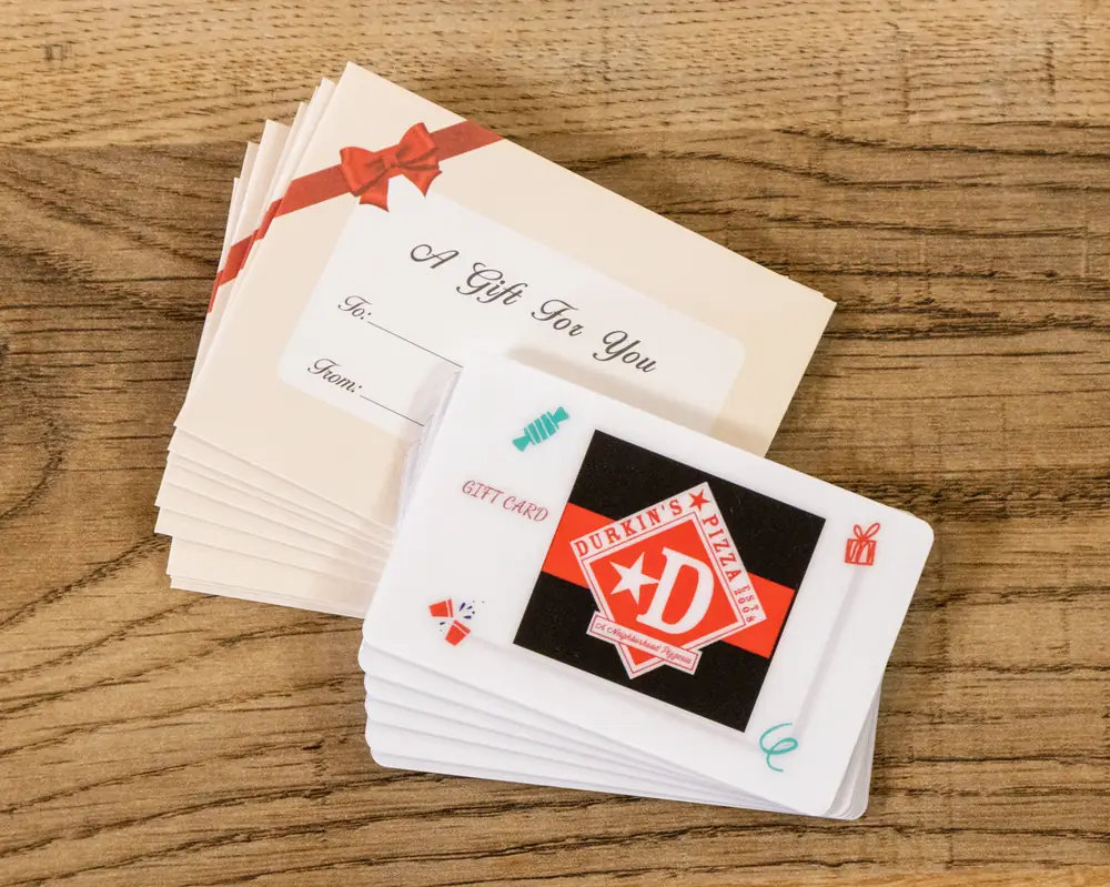 Durkin’s Pizza gift cards with gift envelopes